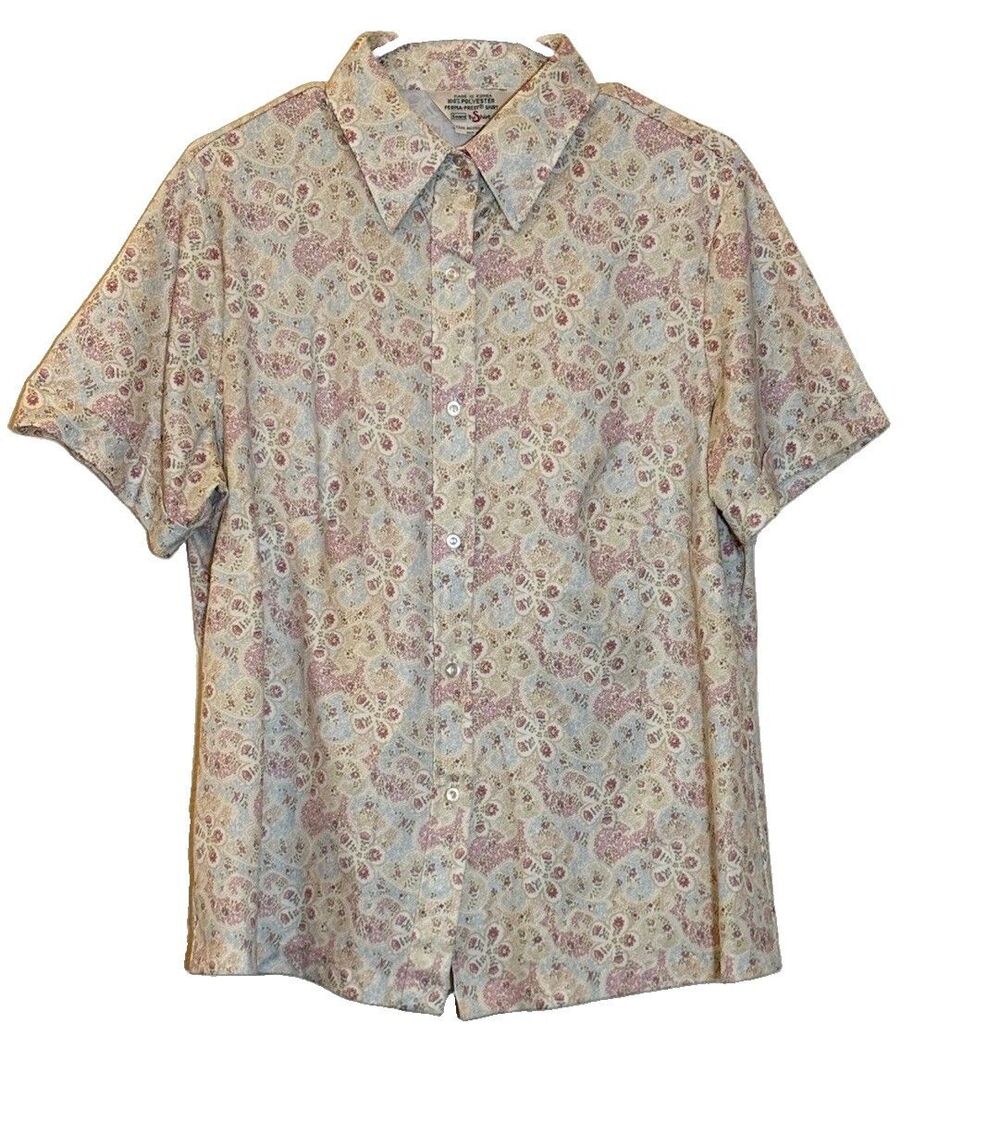 Vintage Sears Perma-Prest Women’s (42) 8-10US Beige Floral Button Up Blouse